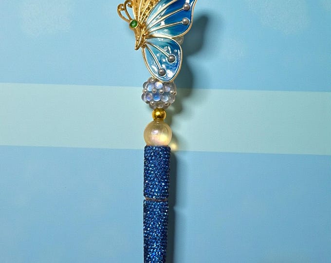 Gorgeous Enamel Blue Butterfly Rhinestone Pen: Jeweled Desk Accessory