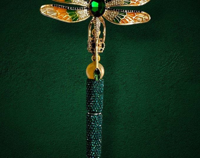 Emerald Dragonfly Rhinestone Pen - Luxury Enamel Bling Pen - Nature Inspired Glam Pen - Unique Gift for Her - Elegant Desk Accessory