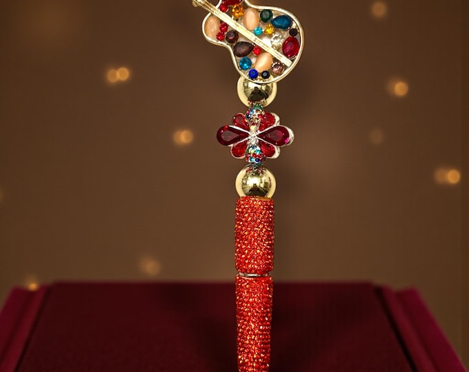 Multi-Colored Jeweled Rhinestone Guitar Pen: Whimsical Desk Accessory