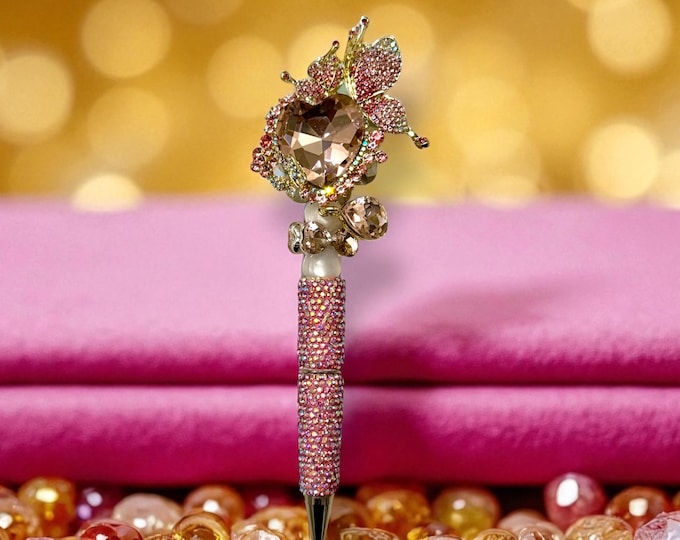 Pink Crystal Heart Pen with Butterfly Rhinestone: Gold Finish