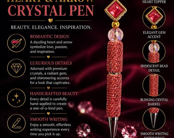 Luxury Heart & Arrow Crystal Pen | Handmade Rhinestone Love Pen | Pink Glitter Writing Pen | Romantic Gift for Her