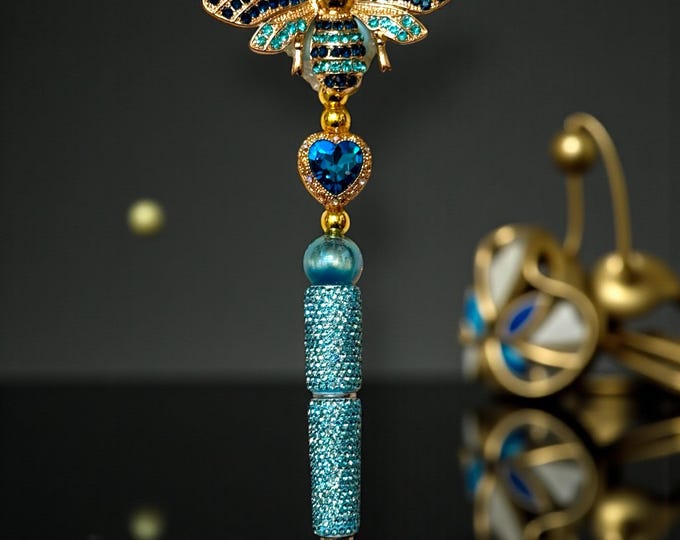 Shades of Blue and Gold Rhinestone Bee Pen: Custom Desk Accessory