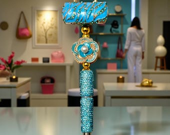 Blue Metal Zebra Print Handbag Rhinestone Handbag Pen: Jeweled Desk Accessory