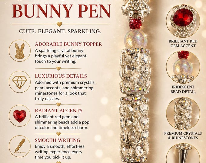 Luxury Crystal Bunny Pen with Ruby Red Gem | Handmade Rhinestone Rabbit Writing Pen | Elegant Silver Desk Pen | Unique Gift for Bunny Lovers