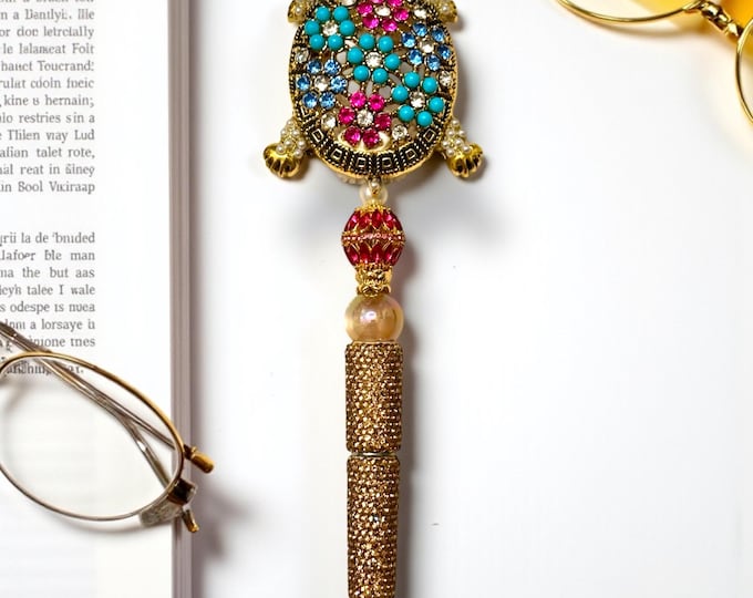 Beaded Rhinestone Turtle Pen: Jeweled Desk Accessory