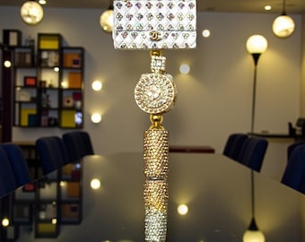 White Metal and Rhinestone Handbag and Perfume Bottle Pen: Jeweled Desk Accessory