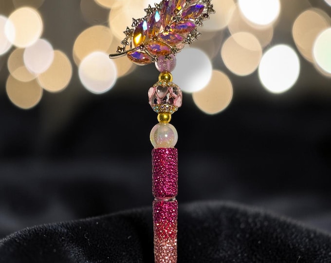 Blush Jewel Leaf Pen - Couture Rhinestone Writing Pen:  Handmade Pink Crystal Pen - Feminine Luxury Office Gift
