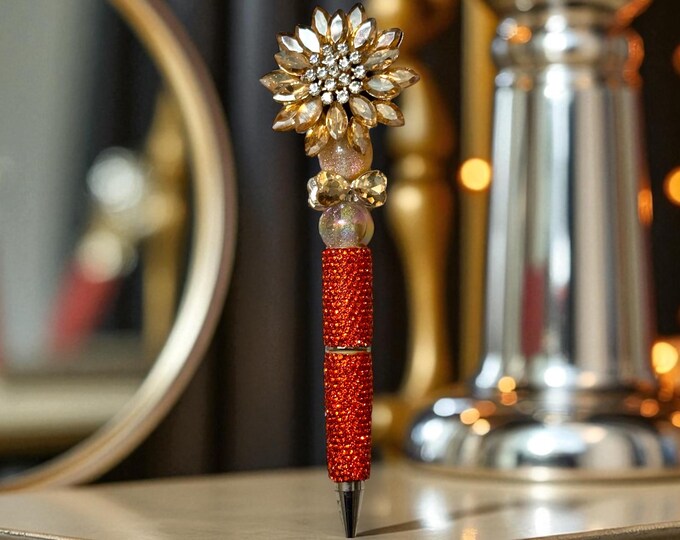 Orange Jeweled Rhinestone Pen: Gold Crystal Flower Design