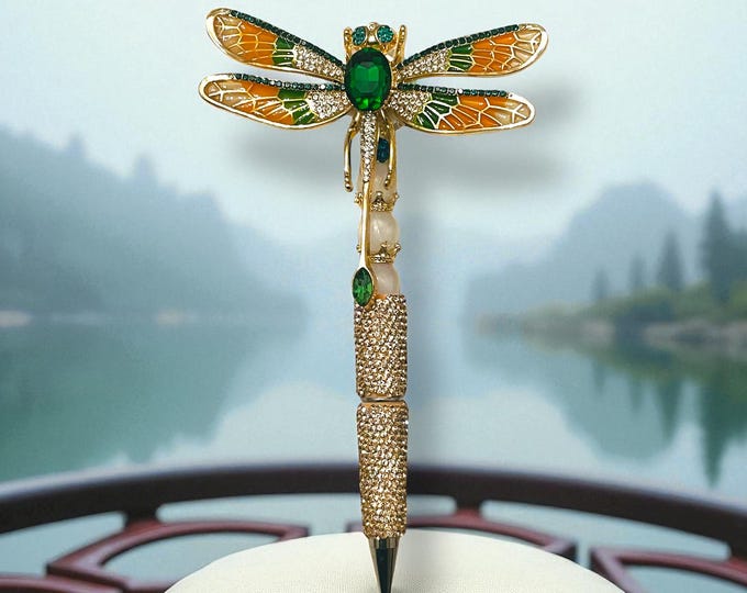 Golden Dragonfly Rhinestone Pen: Elegant Desk Accessory