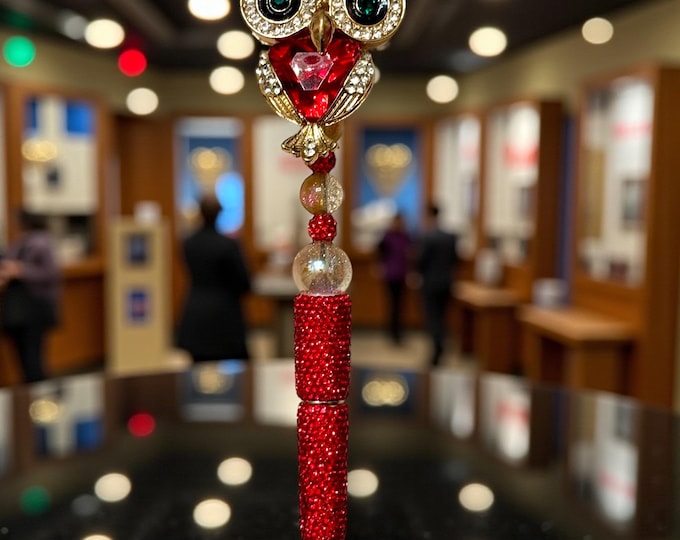 Red Jeweled Owl Rhinestone Pen: Jeweled Desk Accessory