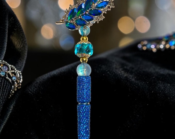 Bespoke Sapphire Crystal Leaf Pen  Luxury Handmade Rhinestone Writing Pen - Peacock-Inspired Gift for Her: Collectible Designer Pen