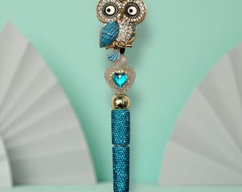 Blue Polka Dot Owl Rhinestone Pen: Jeweled Desk Accessory