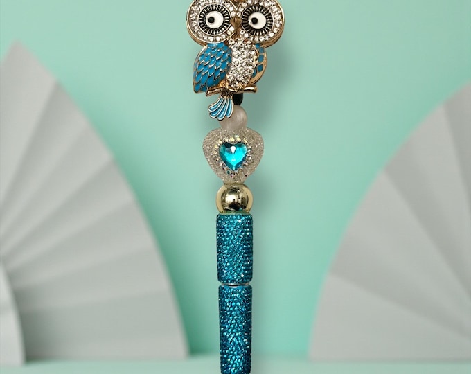 Blue Polka Dot Owl Rhinestone Pen: Jeweled Desk Accessory