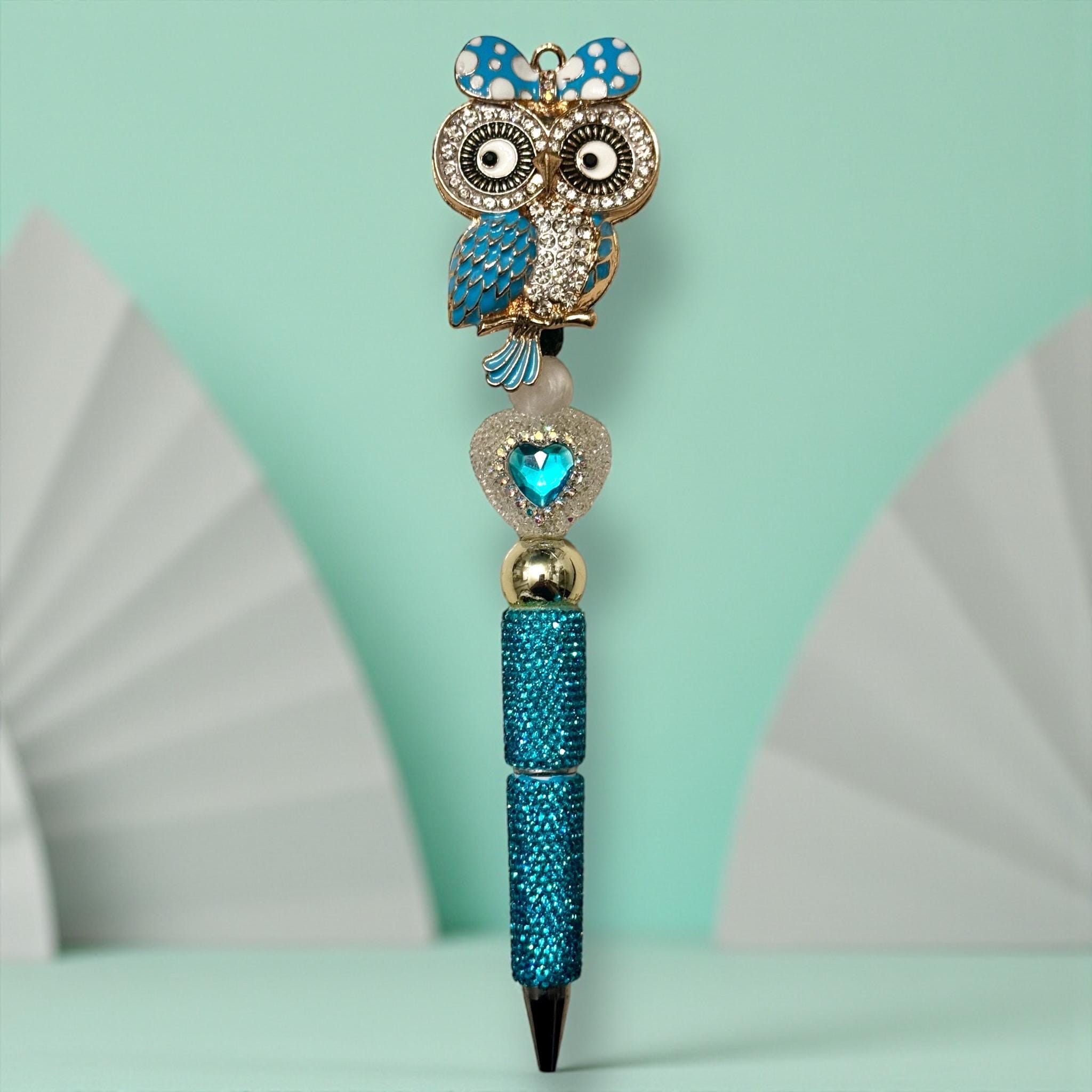 Blue Polka Dot Owl Rhinestone Pen: Jeweled Desk Accessory