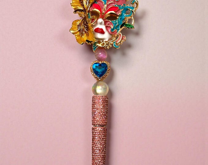 Ceramic Masquerade Masked Rhinestone Pen: Jeweled Desk Accessory