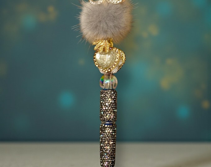 Grey Fluffy Owl Rhinestone Pen: Jeweled Desk Accessory