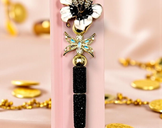 Black and White Enamel Rhinestone Flower Pen: Jeweled Desk Accessory