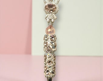 Crystal and Rhinestone Pink Bunny on a Jeweled Pen: Jeweled Desk Accessory