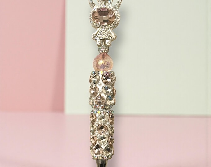 Crystal and Rhinestone Pink Bunny on a Jeweled Pen: Jeweled Desk Accessory