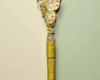 Enamel Pastel Yellow Butterfly Rhinestone Pen: Jeweled Desk Accessory