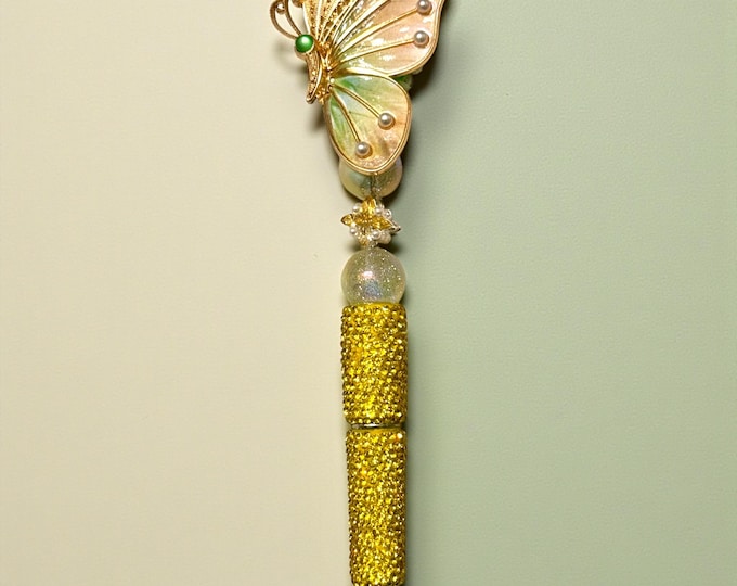 Gorgeous Enamel Yellow and Green Butterfly Rhinestone Pen: Jeweled Desk Accessory
