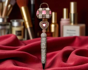 Pink and White Enamel Rhinestone Purse Pen: Jeweled Desk Accessory