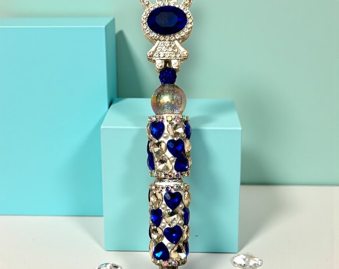 Crystal and Rhinestone Blue Bunny on a Jeweled Pen: Jeweled Desk Accessory