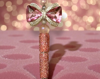 Large Double-Sided Pink Rhinestone Bow Pen: Jeweled Desk Accessory