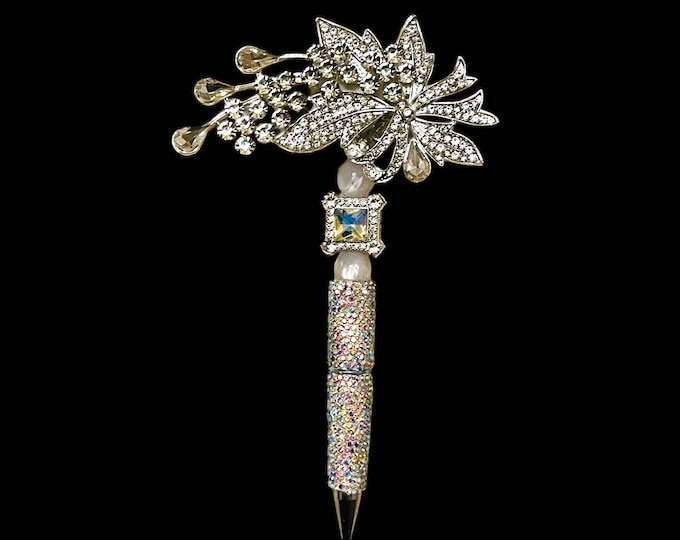 Ornate Crystal Bow and Floral Rhinestone Pen