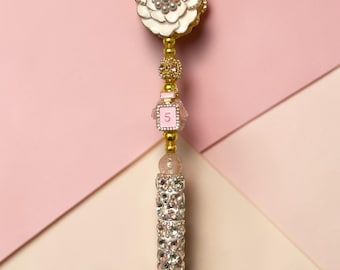 Enamel and Faux Pearl Extended Flower Rhinestone  Pen: Jeweled Desk Accessory