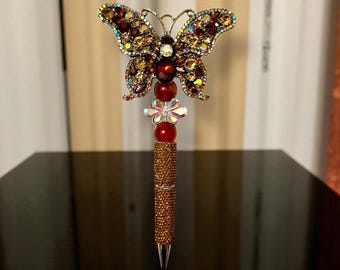 Gold & Bronze Butterfly Rhinestone Pen: Elegant Desk Accessory