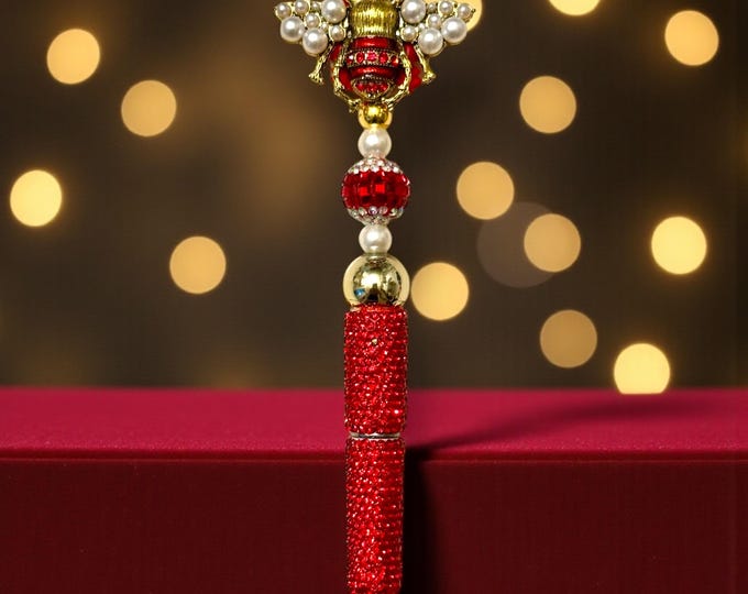 Royal Red and Pearl Rhinestone Bee Pen: Jeweled Desk Accessory