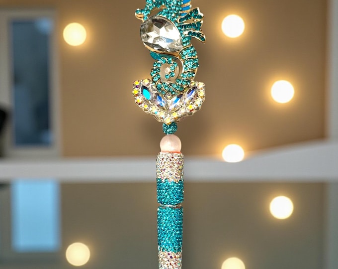 Crystal Blue Seahorse Rhinestone Pen: Jeweled Desk Accessory