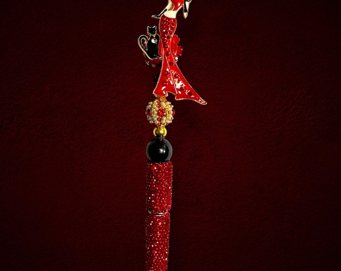 Red Rhinestone Glam Pen with Fashion Lady & Black Cat Charm – Luxury Bling Writing Pen – Boss Babe Gift – Elegant Desk Accessory