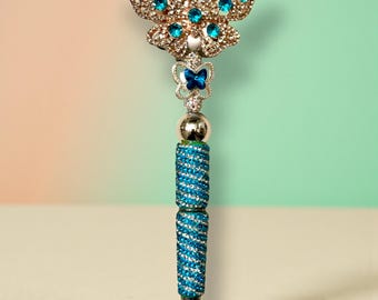 Candy Striped Blue Butterfly Rhinestone Pen: Jeweled Desk Accessory