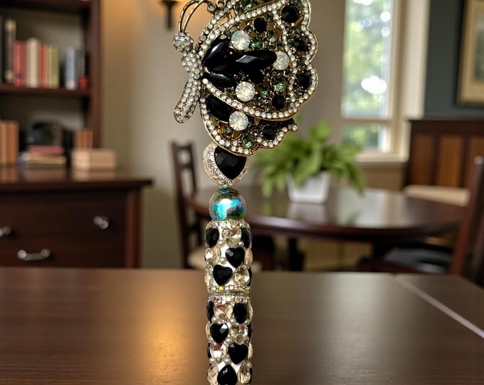 Jeweled Black Butterfly Heart and Rhinestone Pen: Fashionable Bling Desk Accessory