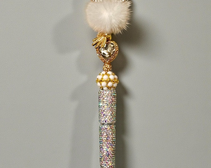 White Fluffy Owl Rhinestone Pen: Jeweled Desk Accessory