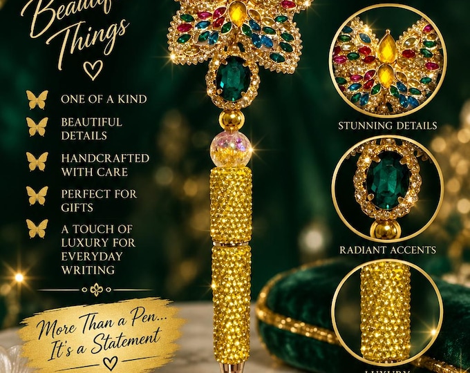 Emerald Butterfly Jeweled Pen, Gold Rhinestone Pen, Colorful Crystal Butterfly Pen, Luxury Bling Pen, Butterfly Gift for Her