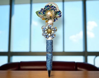 Elegant Floral Basket Enamel Rhinestone Pen: Jeweled Desk Accessory