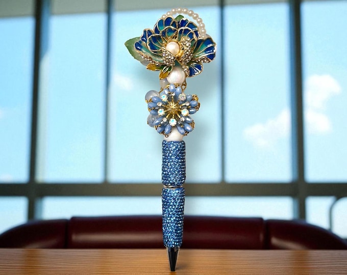 Elegant Floral Basket Enamel Rhinestone Pen: Jeweled Desk Accessory