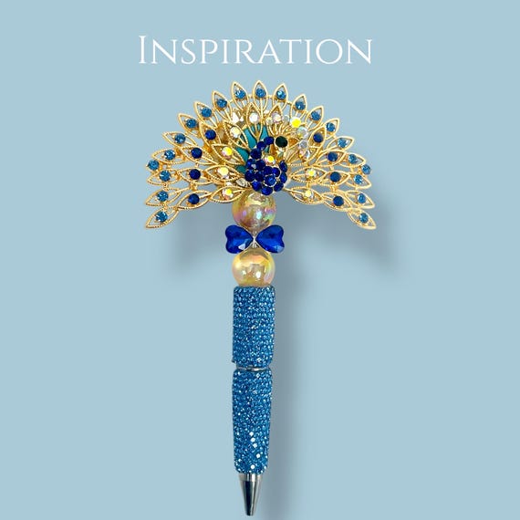Blue Rhinestone Fanned Peacock Pen