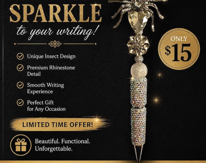 Luxury Crystal Spider Rhinestone Pen – Glam Gothic Desk Accessory – Unique Gift for Her – Black & Silver Sparkle