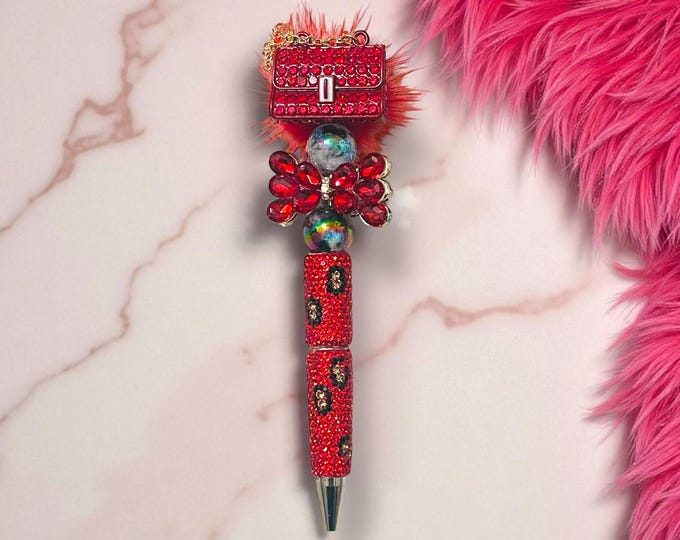 Leopard Print Rhinestone Pen with Purse Topper