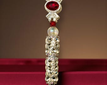 Crystal and Rhinestone Red Bunny on a Jeweled Pen: Jeweled Desk Accessory