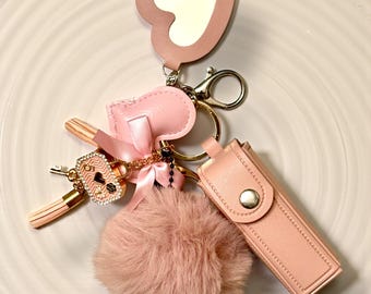 Five Piece Pink Fluffy Keychain/Purse Charm: Jeweled  Accessory