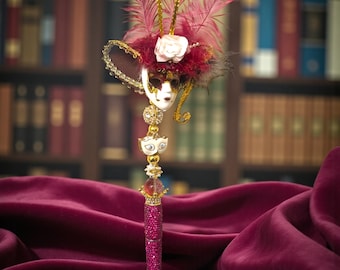 Masquerade Burgandy and Gold Hand Made Rhinestone Pen: Elegant Writing Instrument