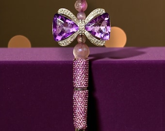 Large Double-Sided Purple Rhinestone Bow Pen: Jeweled Desk Accessory