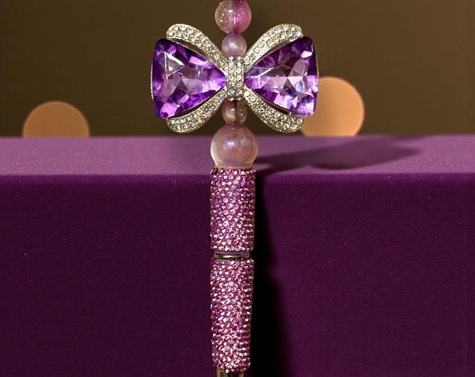 Large Double-Sided Purple Rhinestone Bow Pen: Jeweled Desk Accessory