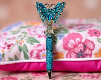 Blue Butterfly Rhinestone Pen: Jeweled Desk Accessory