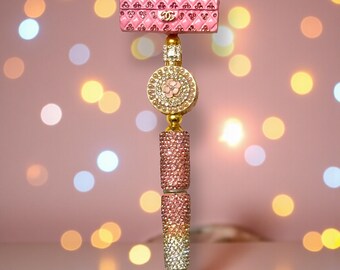 Pink Metal and Rhinestone Handbag and Perfume Bottle Pen: Jeweled Desk Accessory